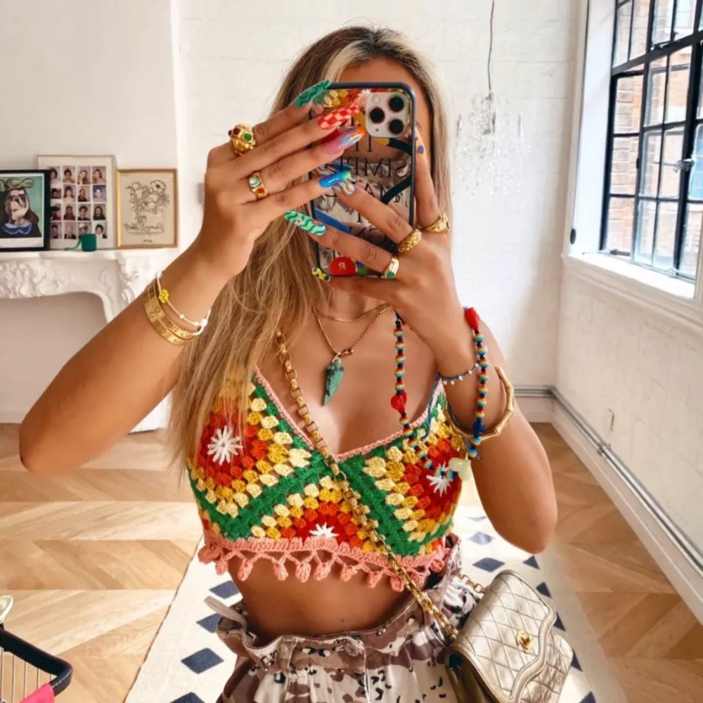 Multi Color Crochet Hand Knit Cropped Boho Festival Crop Top
